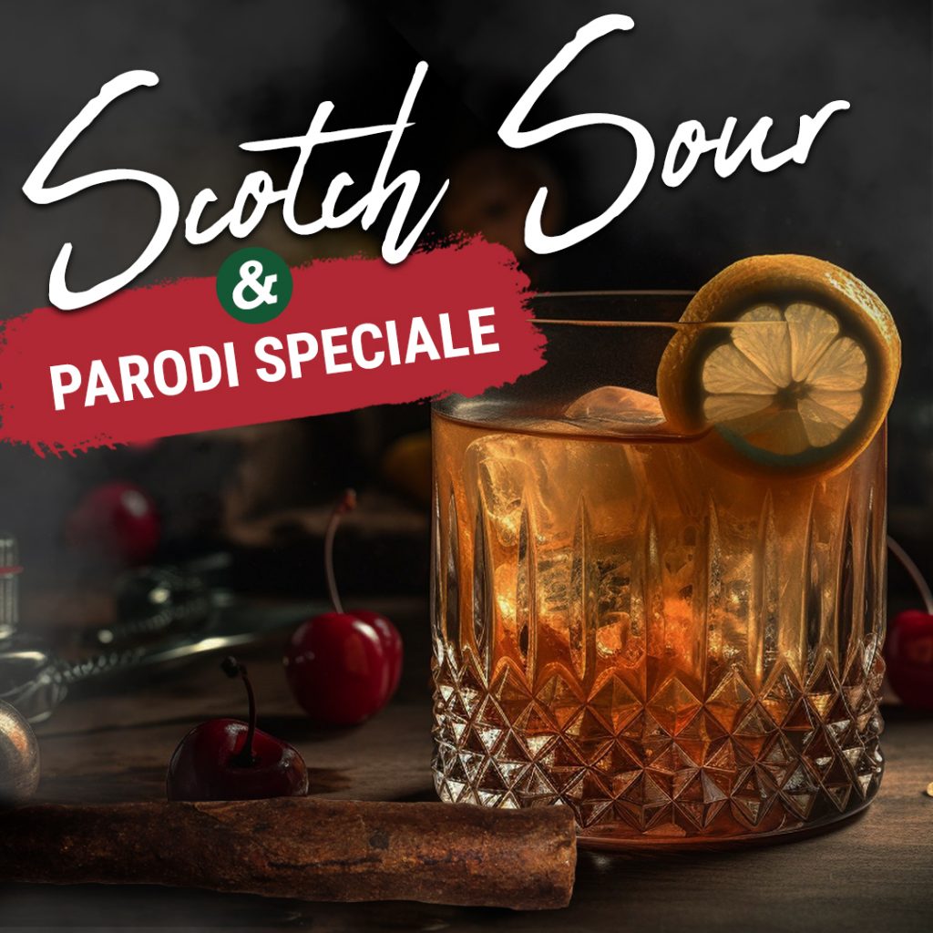 A scotch sour drink in a glass on a table next to Parodi Speciale cigar