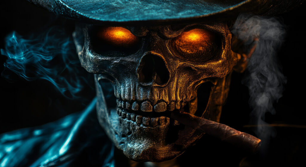 western skeleton smoking a cigar