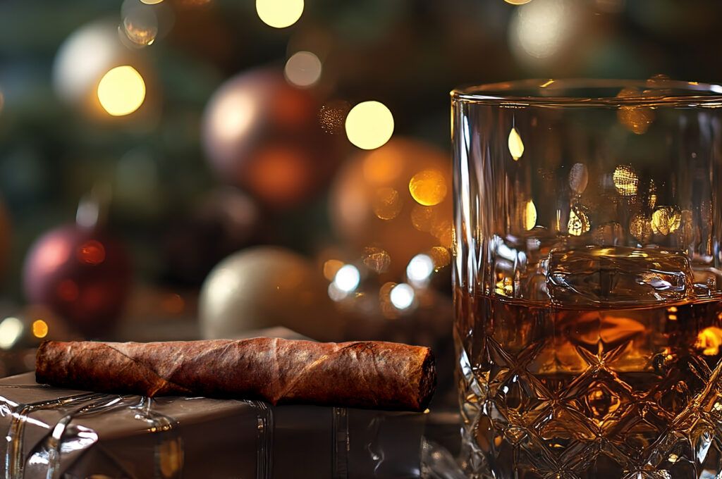 Cigar next to a rocks glass filled with whiskey